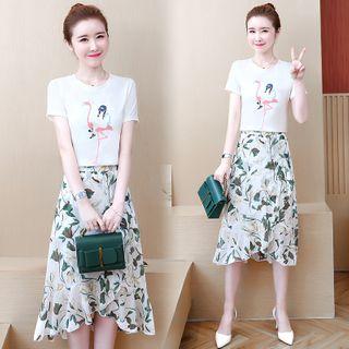 Set: Flamingo Print Short-sleeve T-shirt + Printed A-line Skirt