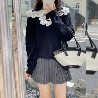 Lace Trim Polo-neck Sweater