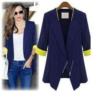 Elbow-sleeve Plain Panel Slim Blazer