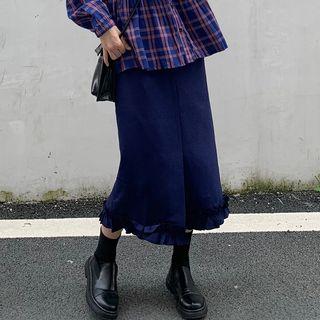 Long-sleeve Plaid Buttoned Top / Frill Trim Midi Skirt