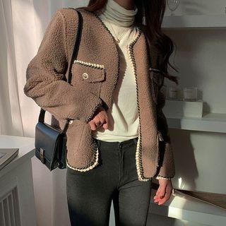 Braided-trim Open-front Fleece Jacket Brown - One Size