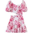 Short-sleeve Floral Cut-out Mini Smock Dress