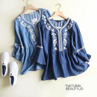 V-neck Embroidered Bell-sleeve Denim Top
