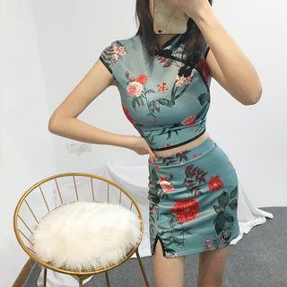 Set: Floral Print Cap-sleeve Top + Skirt