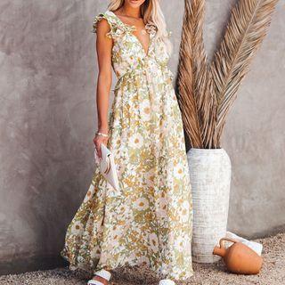 Sleeveless Floral Print Frill Trim Maxi A-line Dress