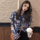 Long-sleeve Floral Ruffled Chiffon Blouse As Shown In Figure - One Size