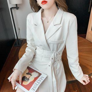 Long-sleeve Plain Double Breasted Dress