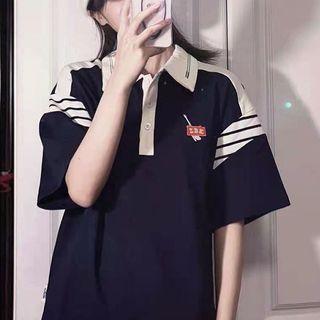 Short-sleeve Stripe Panel Arrow Embroidered Polo Shirt