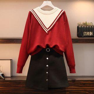 Two-tone Sweater / Mini A-line Skirt / Belt / Set