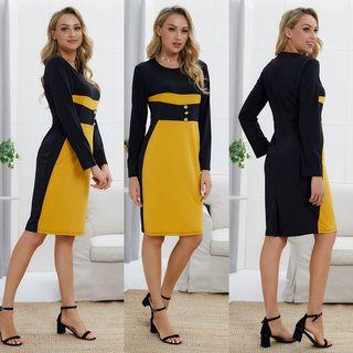 Long-sleeve Color-block Sheath Dress