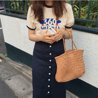 Lettering Piped Short-sleeve T-shirt / Single-breasted Midi A-line Skirt