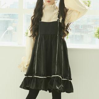 Frilled Beribboned Pinafore Dress Black - One Size