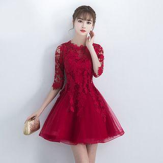 Lace Elbow-sleeve A-line Cocktail Dress