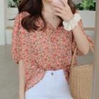 Floral Print Elbow-sleeve V-neck Chiffon Blouse