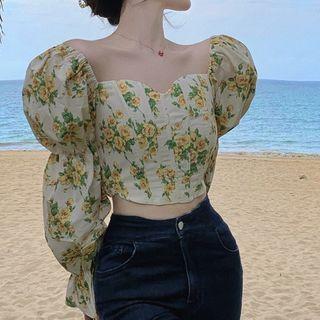 Puff-sleeve Floral Corset Blouse