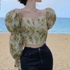 Puff-sleeve Floral Corset Blouse
