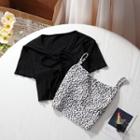 Set: Short-sleeve Knit Top + Camisole Top Short Sleeve Top - Black - One Size / Camisole Top - Black & White - One Size