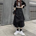 Elastic-waist Asymmetric Midi A-line Skirt Black - One Size
