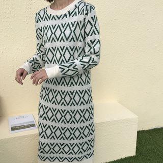 Diamond Patterned Long-sleeve Midi Sweater Dress