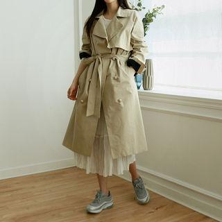 Covered-button Contrast-trim Long Trench Coat