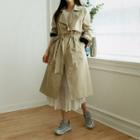 Covered-button Contrast-trim Long Trench Coat