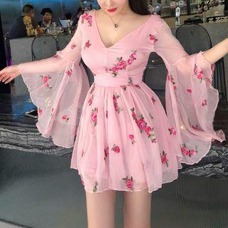 Flared-sleeve Flower Embroidered Mini A-line Dress