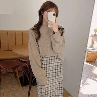 Plaid Midi Fitted Skirt / Cardigan