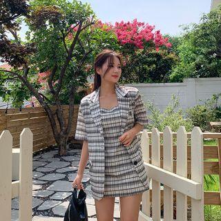 Set: Short-sleeve Plaid Jacket + Pinafore Minidress