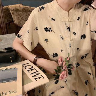 Frog-button Short-sleeve Rose Print Qipao
