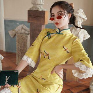 Elbow-sleeve Lace Trim Qipao Dress