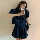 Short-sleeve Double-breasted Blouse / Wide Leg Shorts