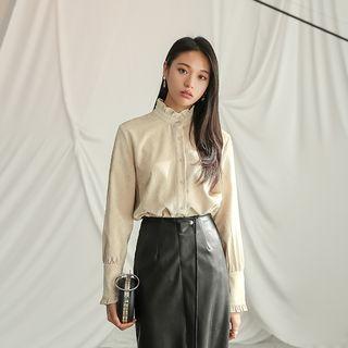 Frilled-detail Corduroy Blouse Light Beige - One Size