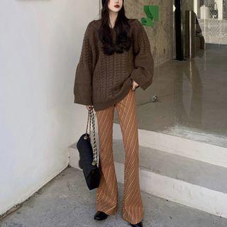 Oversized V-neck Sweater / Striped Boot-cut Pants