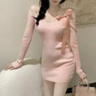 Long-sleeve Bow Accent Knit Mini Sheath Dress Pink - One Size