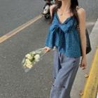 Sleeveless Ribbon Striped Top / Distressed Wide-leg Jeans