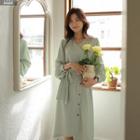 Puff-sleeve Button-side Midi Dress With Sash