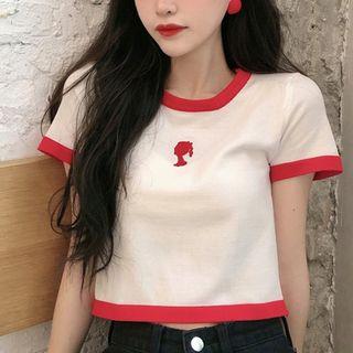 Short-sleeve Embroidered Ringer Knit Top