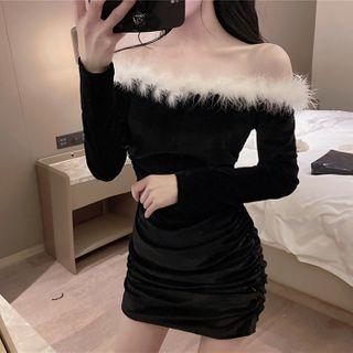Fluffy Trim Long-sleeve Mini Sheath Dress