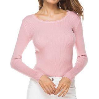Long Sleeve Wave Neckline Knit Top