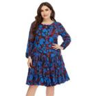 Plus Size Long Sleeve Tie-neck Flower Print Pleated A-line Dress