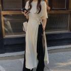 Short-sleeve Shirred Midi A-line Slit Dress Off-white - One Size