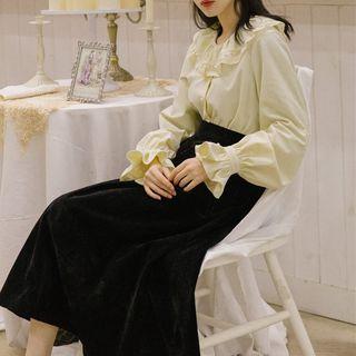 Set: Ruffle Blouse + Midi A-line Skirt
