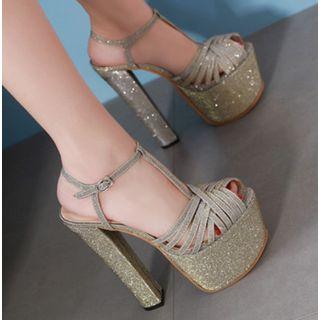 Platform T-strap Glittered High Heel Sandals