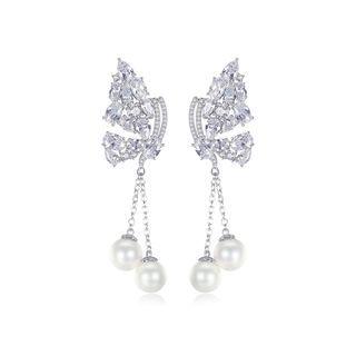 Fashion And Elegant Butterfly Imitation Pearl Tassel Earrings With Cubic Zirconia Silver - One Size