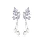 Fashion And Elegant Butterfly Imitation Pearl Tassel Earrings With Cubic Zirconia Silver - One Size