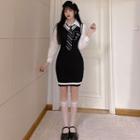 Sleeveless Knit Mini Bodycon Dress / Shirt With Necktie / Set