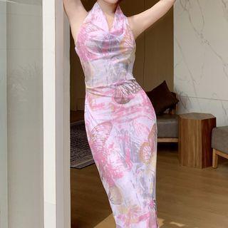 Halter Butterfly Print Midi Bodycon Dress