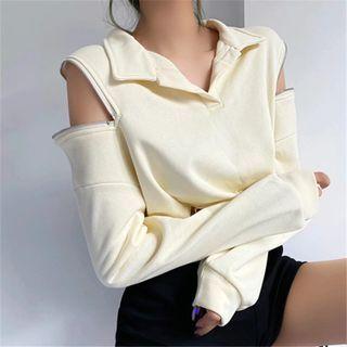 Long Sleeve Cold Shoulder V-neck Crop Sweatshirt