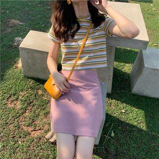 Striped Short-sleeve T-shirt / High-waist A-line Skirt