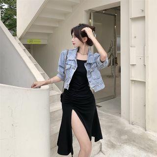 Elbow-sleeve Cropped Denim Jacket / Spaghetti Strap Side-slit A-line Dress